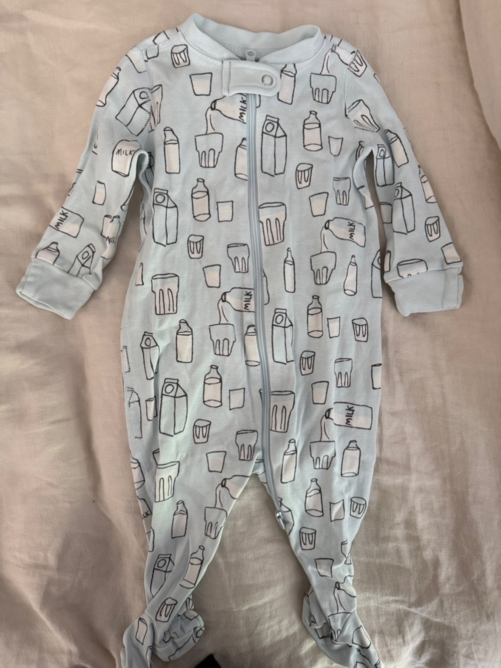Quince Light Blue Footed One-Piece with Milk Bottle Print